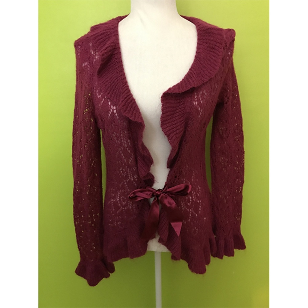 Next Era Ruffle Bell Sleeve Tie Maroon Cardigan L